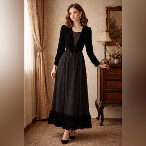 Vintage Lanz Originals 1980’s Taffeta Velvet Polka Dot Maxi Dress Sz10 NWOT